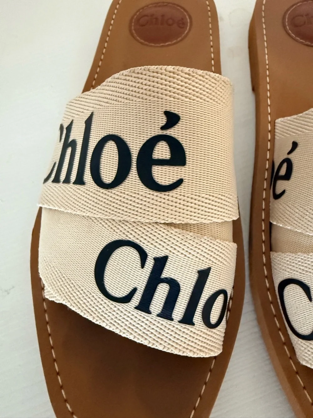 Chloé Tan Leather Slide Sandals with Cream Logo Straps - Picture 2 of 4